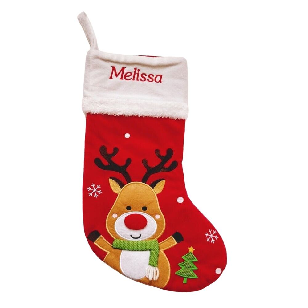 Reindeer Red White Christmas Stocking 17" Personalized Name Melissa Monogrammed